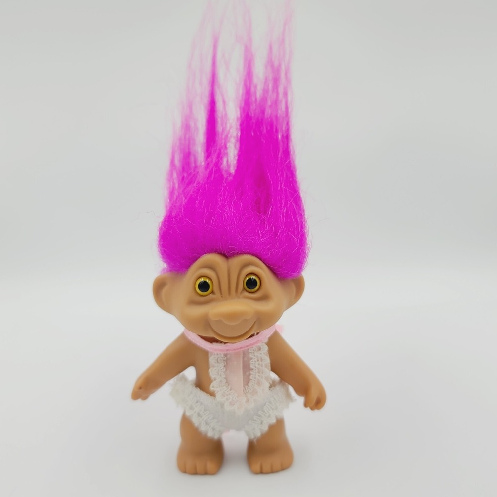 Vintage Russ Small Troll Doll Fuchsia Pink Hair Pink Bib White Diaper Baby 1990s